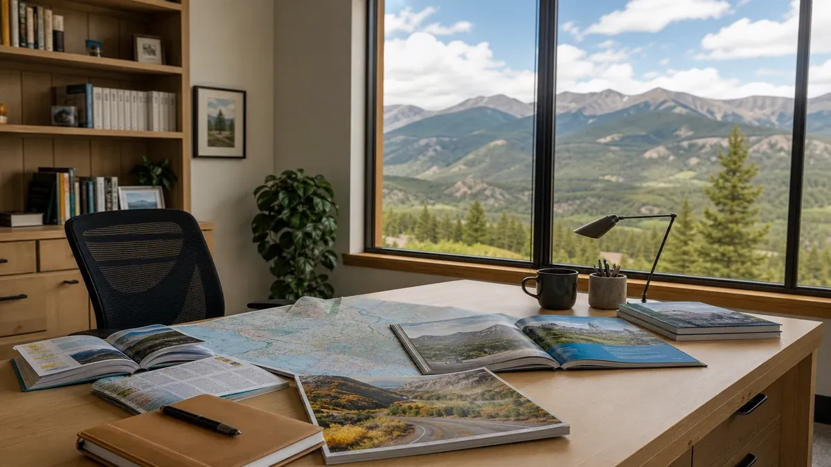 Scenic rail editorial research scene with mountain corridor